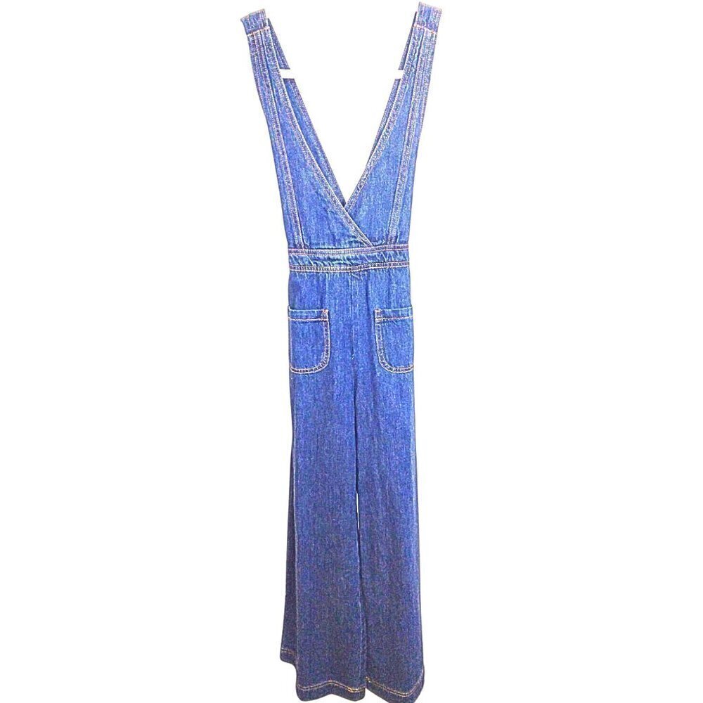 GIRL'S BEBE WIDE LEG DARK BLUE JEAN OVERALLS W/ CRISSCROSS BACK | SIZE M